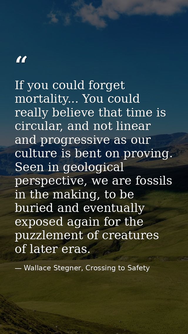If you could forget mortality... You could really believe that time is circular, and not linear and progressive as our c — Wallace Stegner, Crossing to Safety