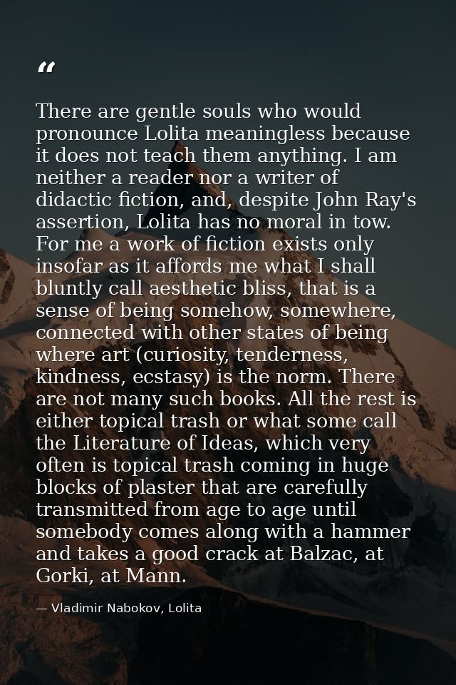 There are gentle souls who would pronounce Lolita meaningless because it does not teach them anything. I am neither a re — Vladimir Nabokov, Lolita