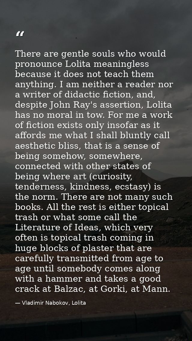 There are gentle souls who would pronounce Lolita meaningless because it does not teach them anything. I am neither a re — Vladimir Nabokov, Lolita