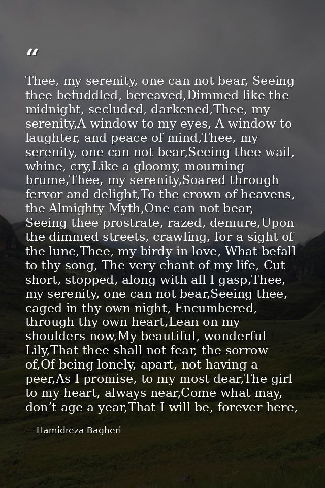 Thee, my serenity, one can not bear, Seeing thee befuddled, bereaved,Dimmed like the midnight, secluded, darkened,Thee,  — Hamidreza Bagheri