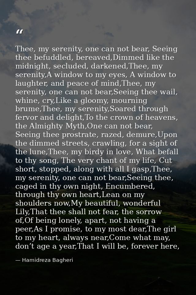 Thee, my serenity, one can not bear, Seeing thee befuddled, bereaved,Dimmed like the midnight, secluded, darkened,Thee,  — Hamidreza Bagheri