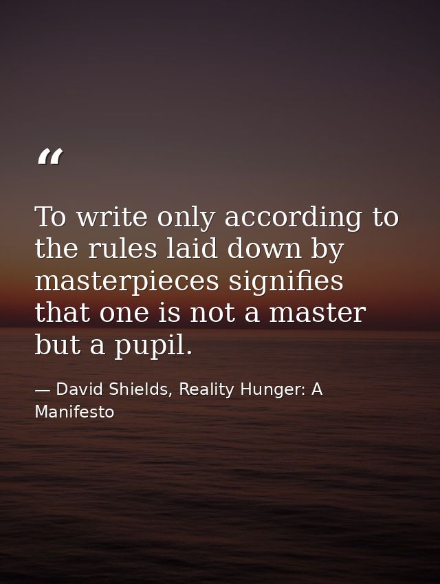 To write only according to the rules laid down by masterpieces signifies that one is not a master but a pupil. — David Shields, Reality Hunger: A Manifesto