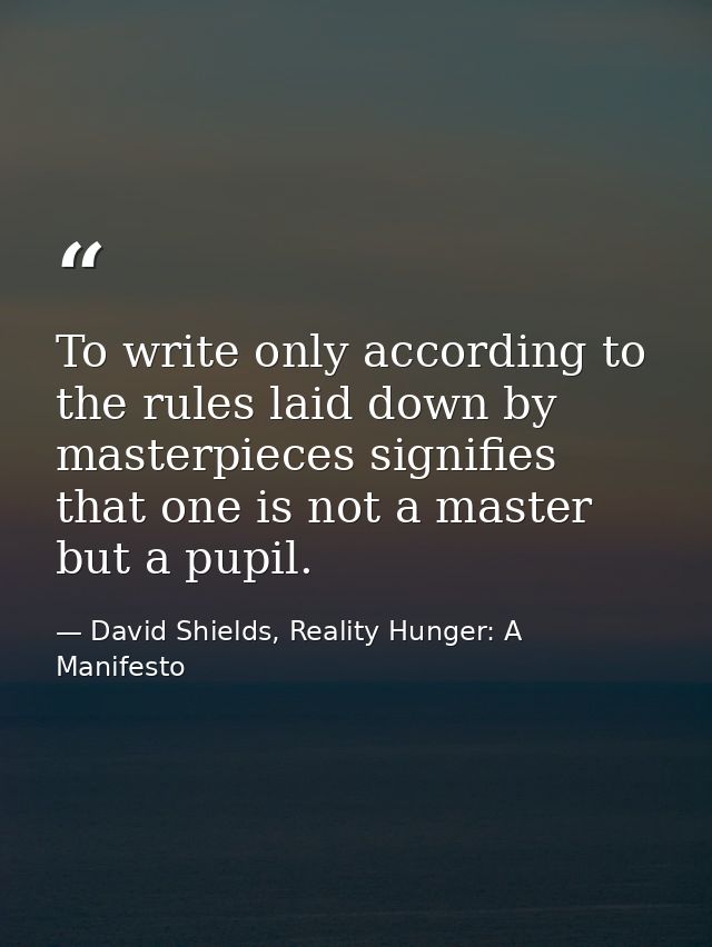 To write only according to the rules laid down by masterpieces signifies that one is not a master but a pupil. — David Shields, Reality Hunger: A Manifesto