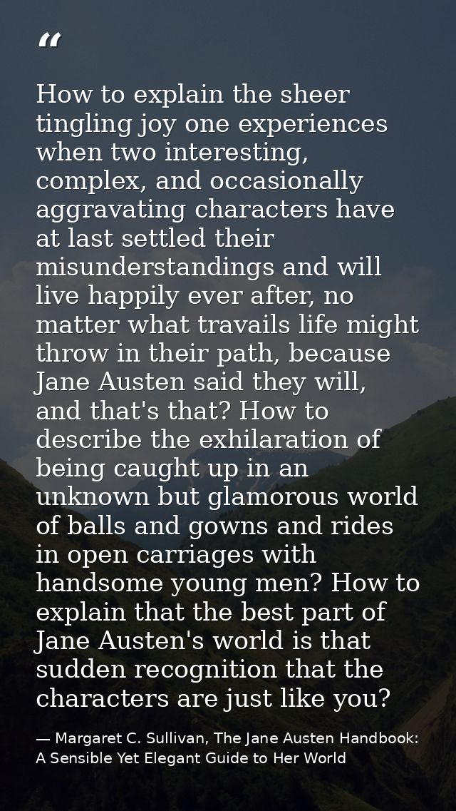How to explain the sheer tingling joy one experiences when two interesting, complex, and occasionally aggravating charac — Margaret C. Sullivan, The Jane Austen Handbook: A Sensible Yet Elegant Guide to Her World