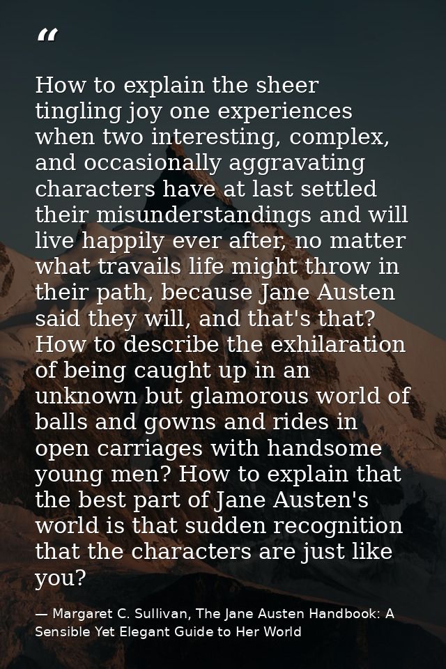 How to explain the sheer tingling joy one experiences when two interesting, complex, and occasionally aggravating charac — Margaret C. Sullivan, The Jane Austen Handbook: A Sensible Yet Elegant Guide to Her World