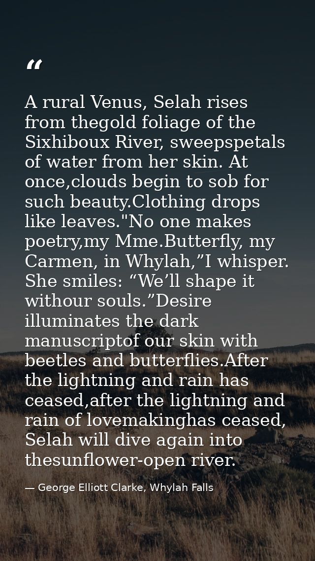 A rural Venus, Selah rises from thegold foliage of the Sixhiboux River, sweepspetals of water from her skin. At once,clo — George Elliott Clarke, Whylah Falls