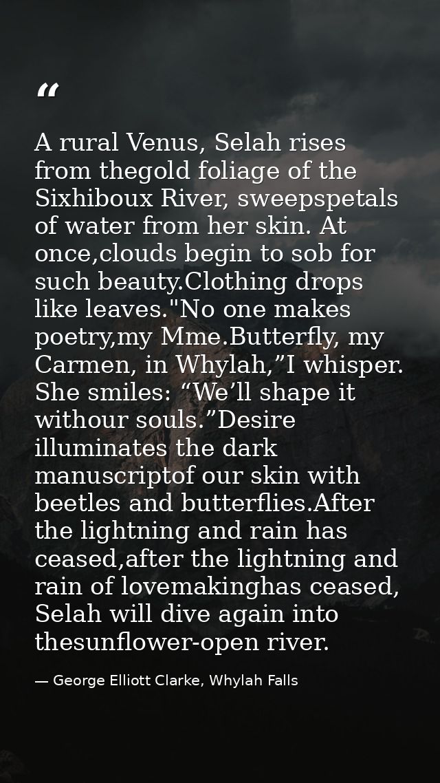 A rural Venus, Selah rises from thegold foliage of the Sixhiboux River, sweepspetals of water from her skin. At once,clo — George Elliott Clarke, Whylah Falls