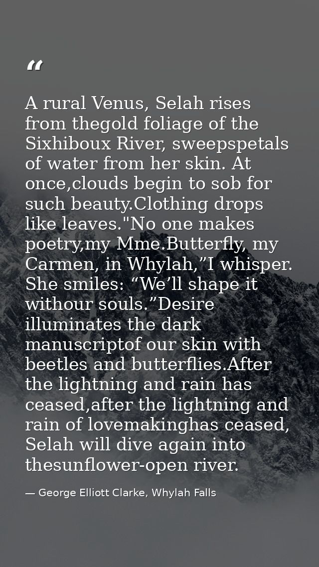 A rural Venus, Selah rises from thegold foliage of the Sixhiboux River, sweepspetals of water from her skin. At once,clo — George Elliott Clarke, Whylah Falls