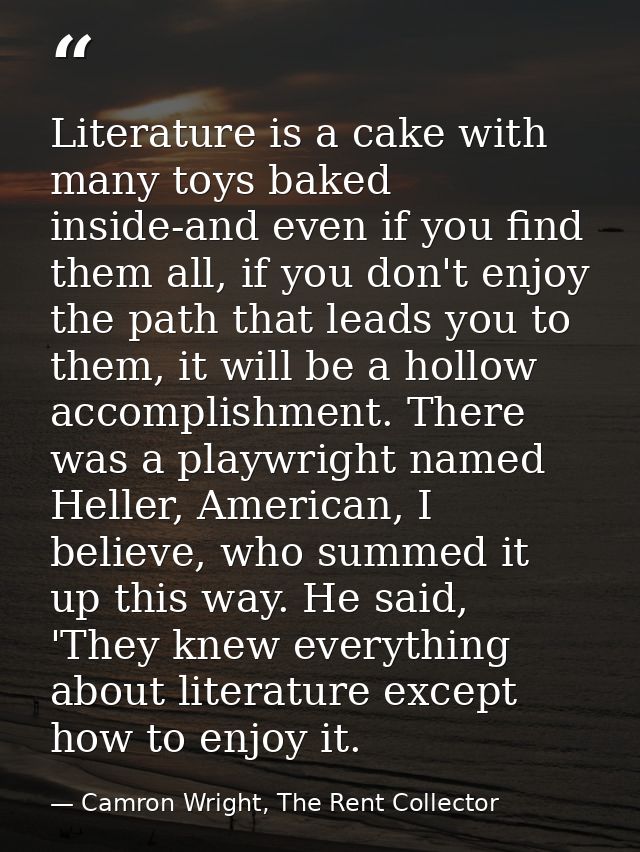 Literature is a cake with many toys baked inside-and even if you find them all, if you don't enjoy the path that leads y — Camron Wright, The Rent Collector