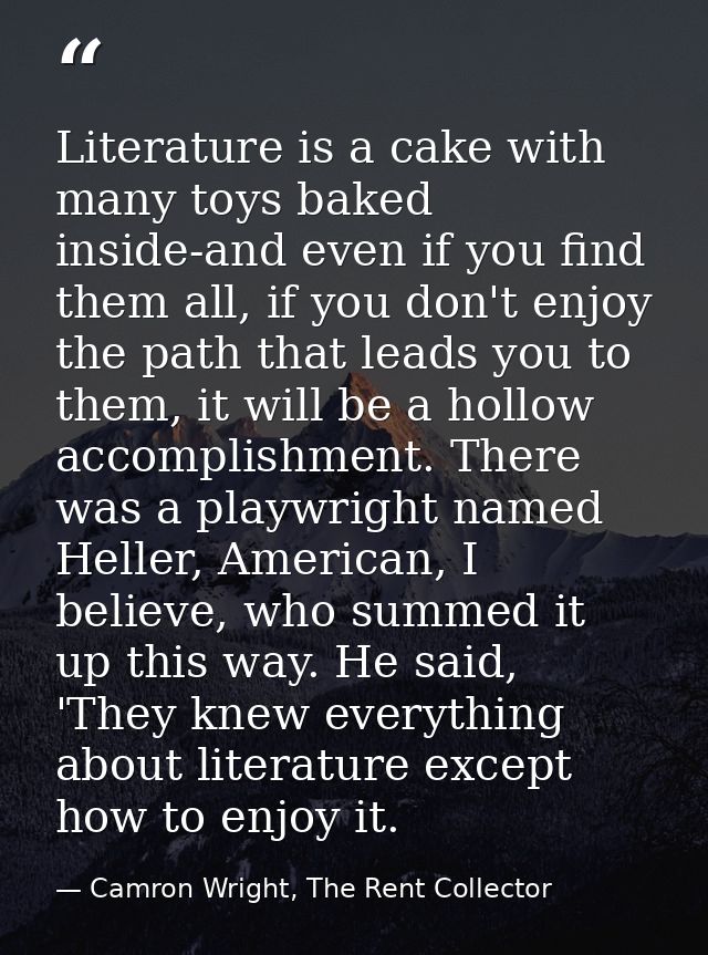 Literature is a cake with many toys baked inside-and even if you find them all, if you don't enjoy the path that leads y — Camron Wright, The Rent Collector
