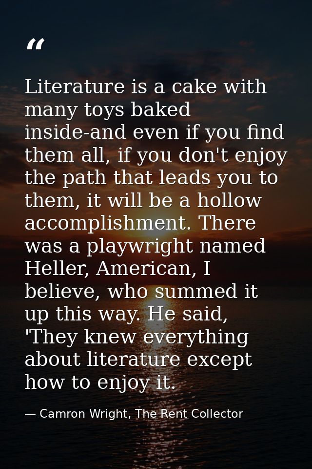 Literature is a cake with many toys baked inside-and even if you find them all, if you don't enjoy the path that leads y — Camron Wright, The Rent Collector