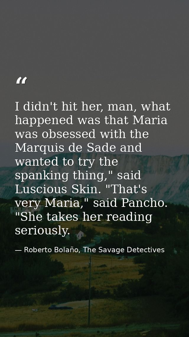 I didn't hit her, man, what happened was that Maria was obsessed with the Marquis de Sade and wanted to try the spanking — Roberto Bolaño, The Savage Detectives