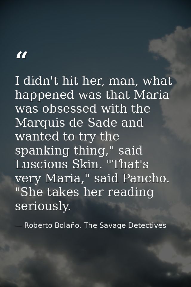 I didn't hit her, man, what happened was that Maria was obsessed with the Marquis de Sade and wanted to try the spanking — Roberto Bolaño, The Savage Detectives