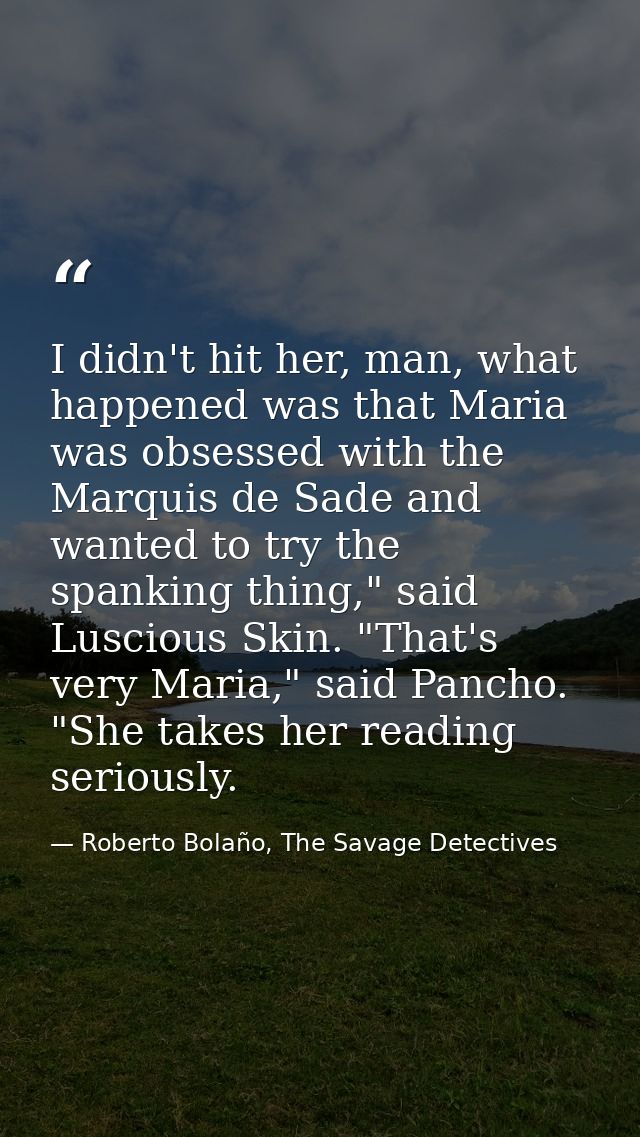 I didn't hit her, man, what happened was that Maria was obsessed with the Marquis de Sade and wanted to try the spanking — Roberto Bolaño, The Savage Detectives