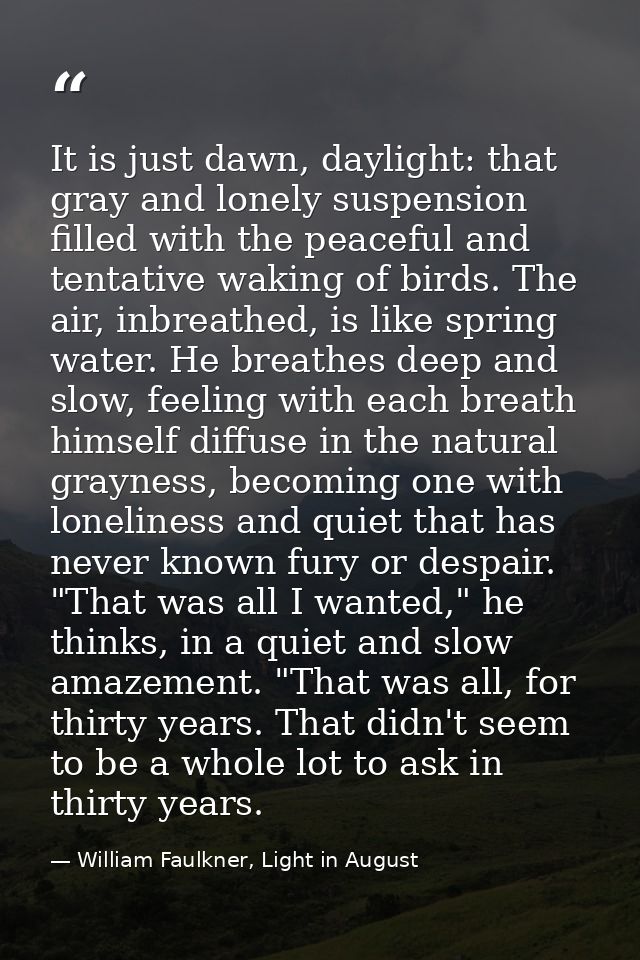 It is just dawn, daylight: that gray and lonely suspension filled with the peaceful and tentative waking of birds. The a — William Faulkner, Light in August