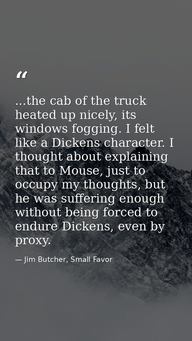 ...the cab of the truck heated up nicely, its windows fogging. I felt like a Dickens character. I thought about explaini — Jim Butcher, Small Favor
