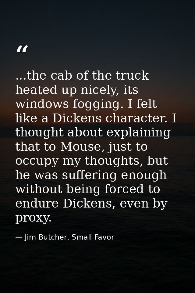 ...the cab of the truck heated up nicely, its windows fogging. I felt like a Dickens character. I thought about explaini — Jim Butcher, Small Favor