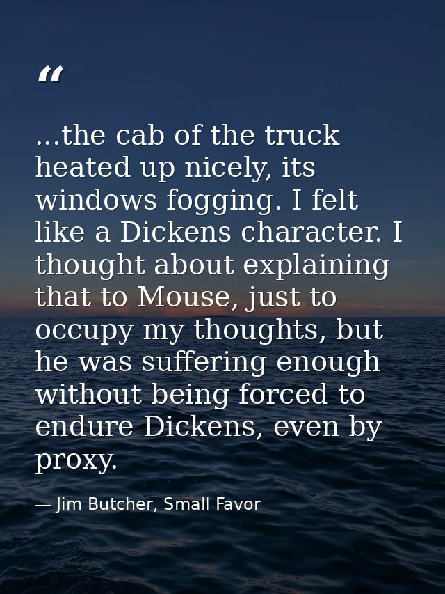 ...the cab of the truck heated up nicely, its windows fogging. I felt like a Dickens character. I thought about explaini — Jim Butcher, Small Favor