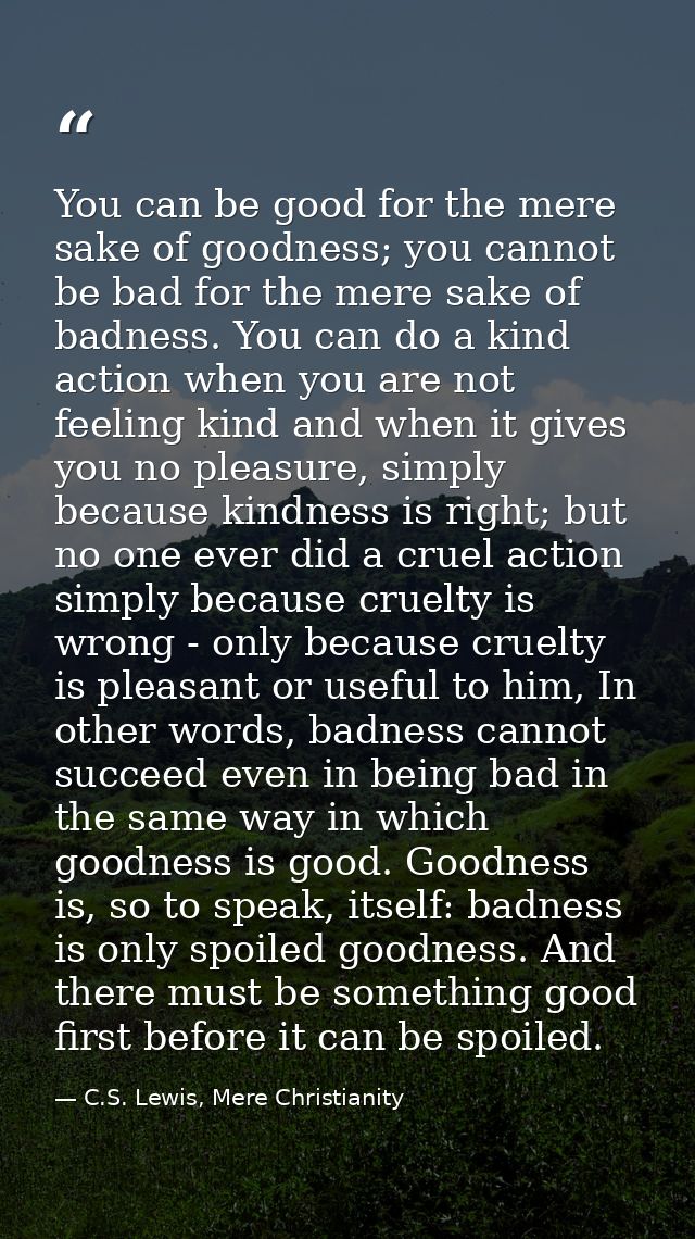 You can be good for the mere sake of goodness; you cannot be bad for the mere sake of badness. You can do a kind action  — C.S. Lewis, Mere Christianity