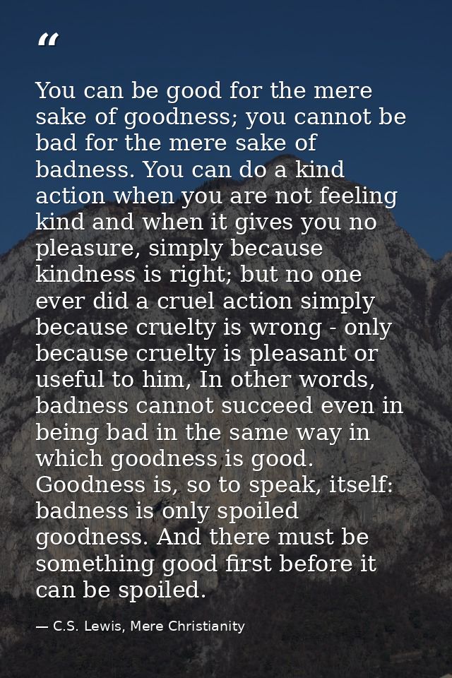 You can be good for the mere sake of goodness; you cannot be bad for the mere sake of badness. You can do a kind action  — C.S. Lewis, Mere Christianity
