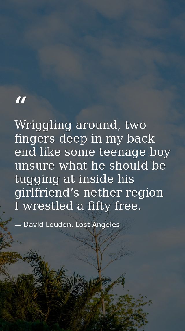Wriggling around, two fingers deep in my back end like some teenage boy unsure what he should be tugging at inside his g — David Louden, Lost Angeles