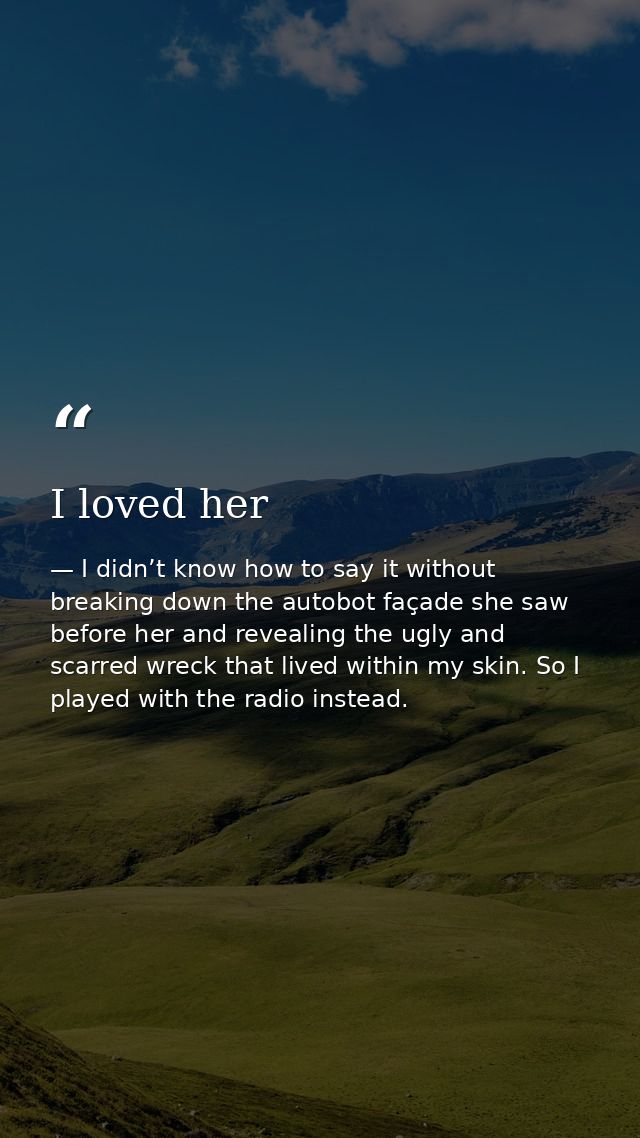 I loved her — I didn’t know how to say it without breaking down the autobot façade she saw before her and revealing the ugly and scarred wreck that lived within my skin. So I played with the radio instead.