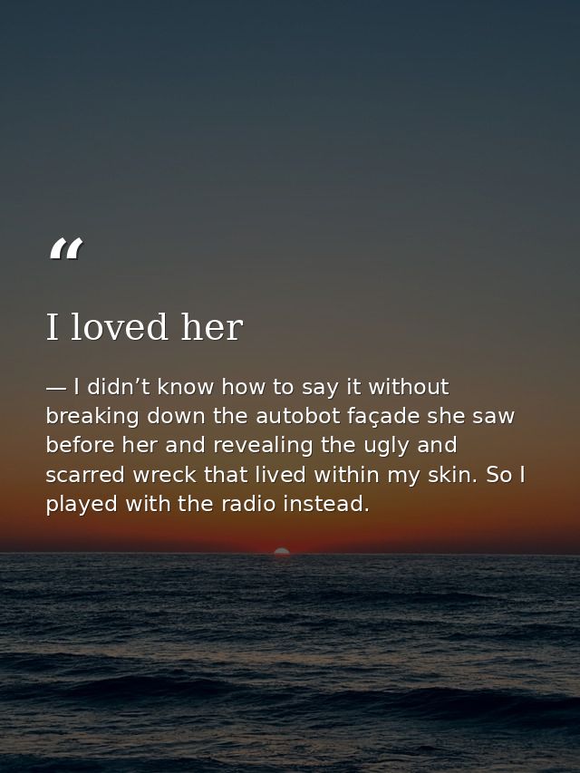 I loved her — I didn’t know how to say it without breaking down the autobot façade she saw before her and revealing the ugly and scarred wreck that lived within my skin. So I played with the radio instead.