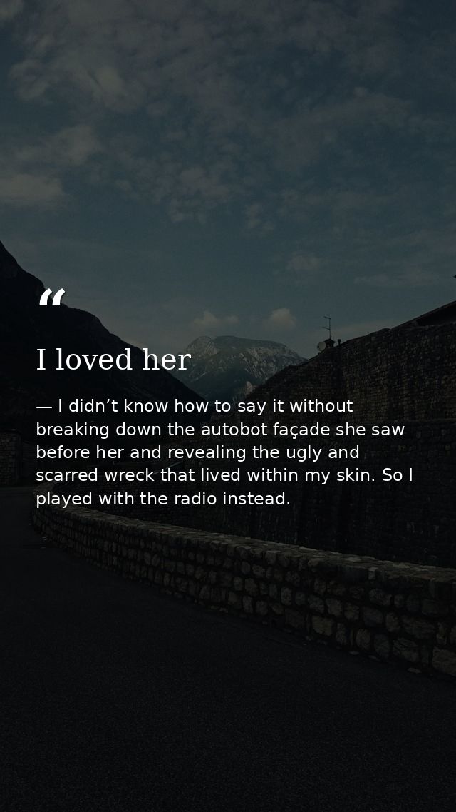 I loved her — I didn’t know how to say it without breaking down the autobot façade she saw before her and revealing the ugly and scarred wreck that lived within my skin. So I played with the radio instead.