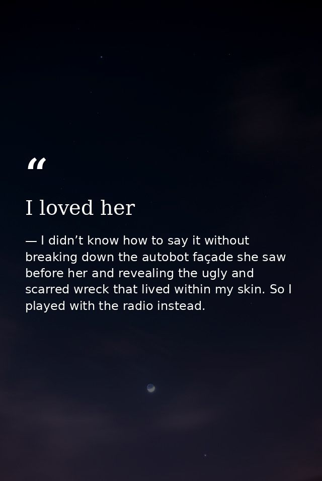 I loved her — I didn’t know how to say it without breaking down the autobot façade she saw before her and revealing the ugly and scarred wreck that lived within my skin. So I played with the radio instead.
