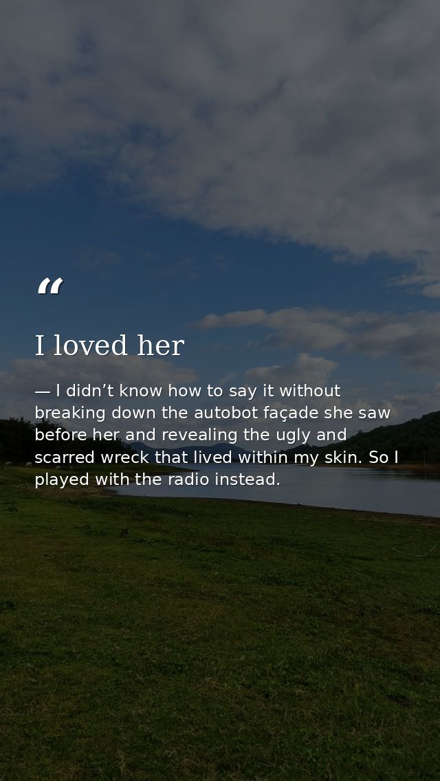 I loved her — I didn’t know how to say it without breaking down the autobot façade she saw before her and revealing the ugly and scarred wreck that lived within my skin. So I played with the radio instead.