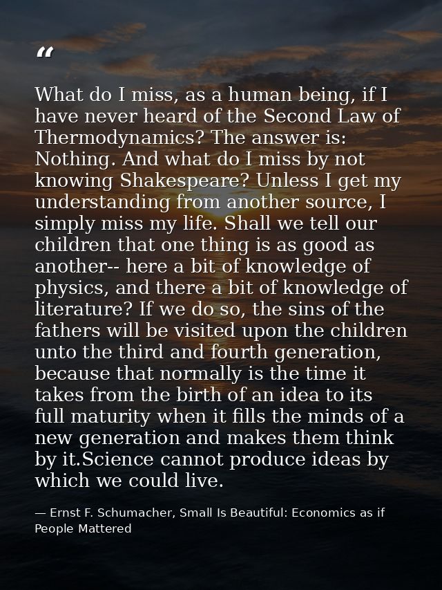 What do I miss, as a human being, if I have never heard of the Second Law of Thermodynamics? The answer is: Nothing. And — Ernst F. Schumacher, Small Is Beautiful: Economics as if People Mattered
