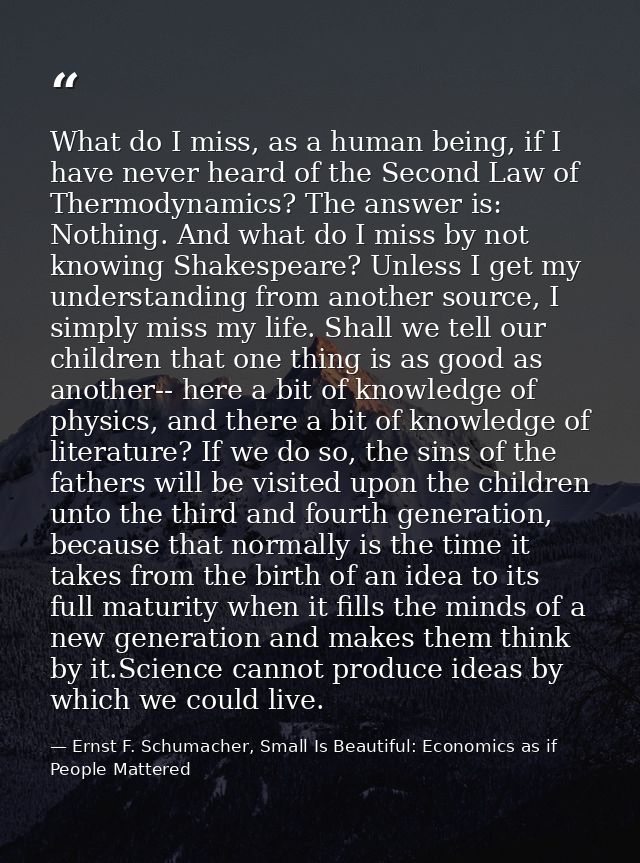 What do I miss, as a human being, if I have never heard of the Second Law of Thermodynamics? The answer is: Nothing. And — Ernst F. Schumacher, Small Is Beautiful: Economics as if People Mattered