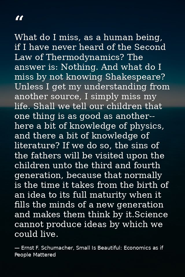 What do I miss, as a human being, if I have never heard of the Second Law of Thermodynamics? The answer is: Nothing. And — Ernst F. Schumacher, Small Is Beautiful: Economics as if People Mattered