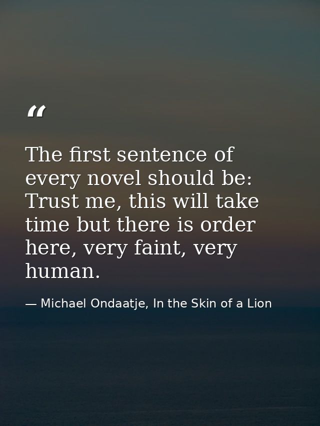 The first sentence of every novel should be: Trust me, this will take time but there is order here, very faint, very hum — Michael Ondaatje, In the Skin of a Lion