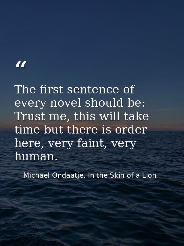 The first sentence of every novel should be: Trust me, this will take time but there is order here, very faint, very hum — Michael Ondaatje, In the Skin of a Lion