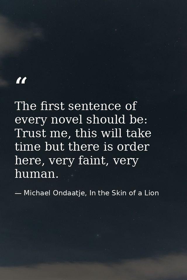 The first sentence of every novel should be: Trust me, this will take time but there is order here, very faint, very hum — Michael Ondaatje, In the Skin of a Lion