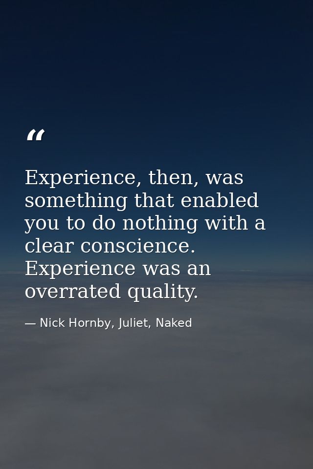 Experience, then, was something that enabled you to do nothing with a clear conscience. Experience was an overrated qual — Nick Hornby, Juliet, Naked