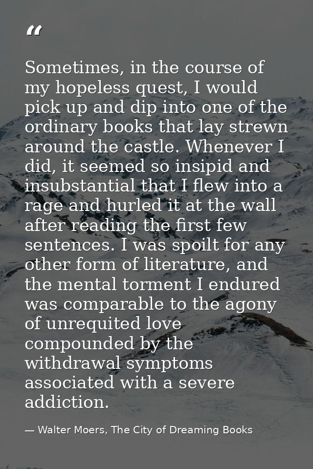 Sometimes, in the course of my hopeless quest, I would pick up and dip into one of the ordinary books that lay strewn ar — Walter Moers, The City of Dreaming Books