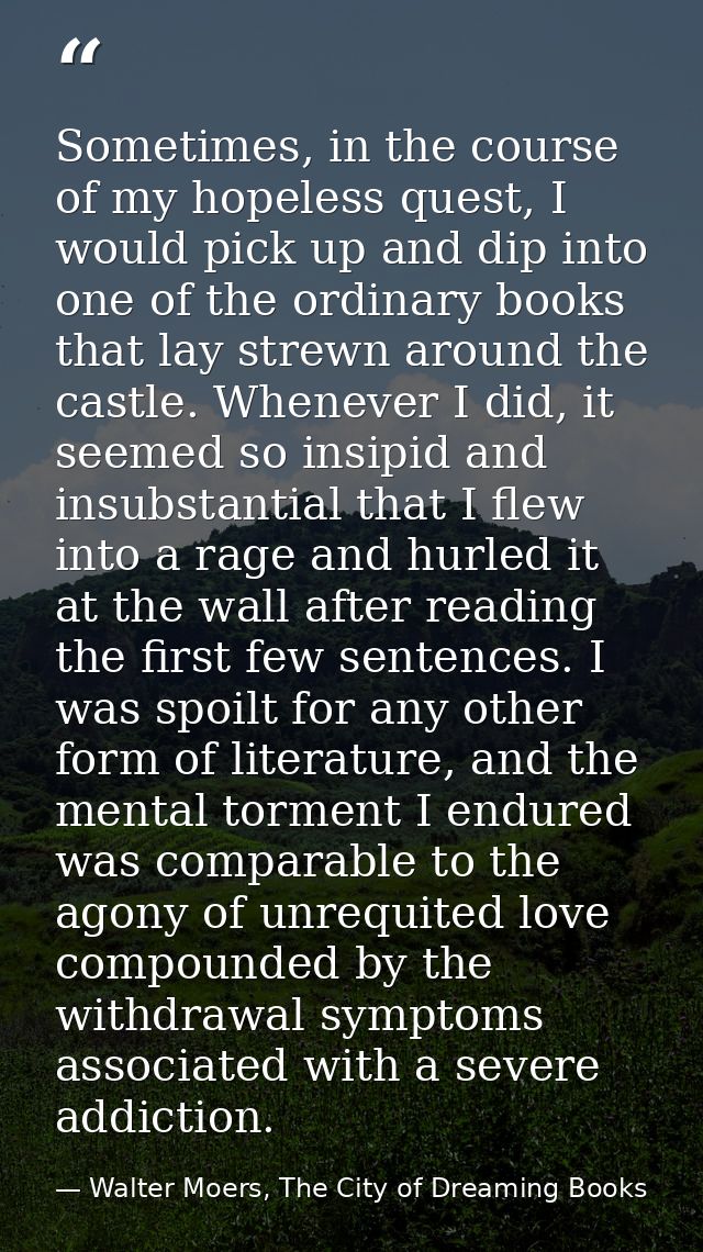 Sometimes, in the course of my hopeless quest, I would pick up and dip into one of the ordinary books that lay strewn ar — Walter Moers, The City of Dreaming Books