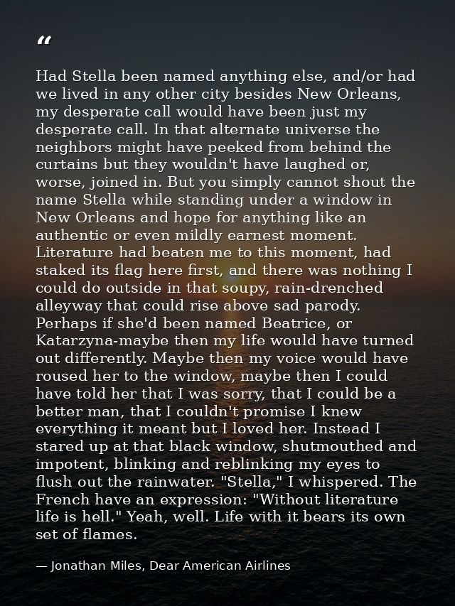 Had Stella been named anything else, and/or had we lived in any other city besides New Orleans, my desperate call would  — Jonathan Miles, Dear American Airlines