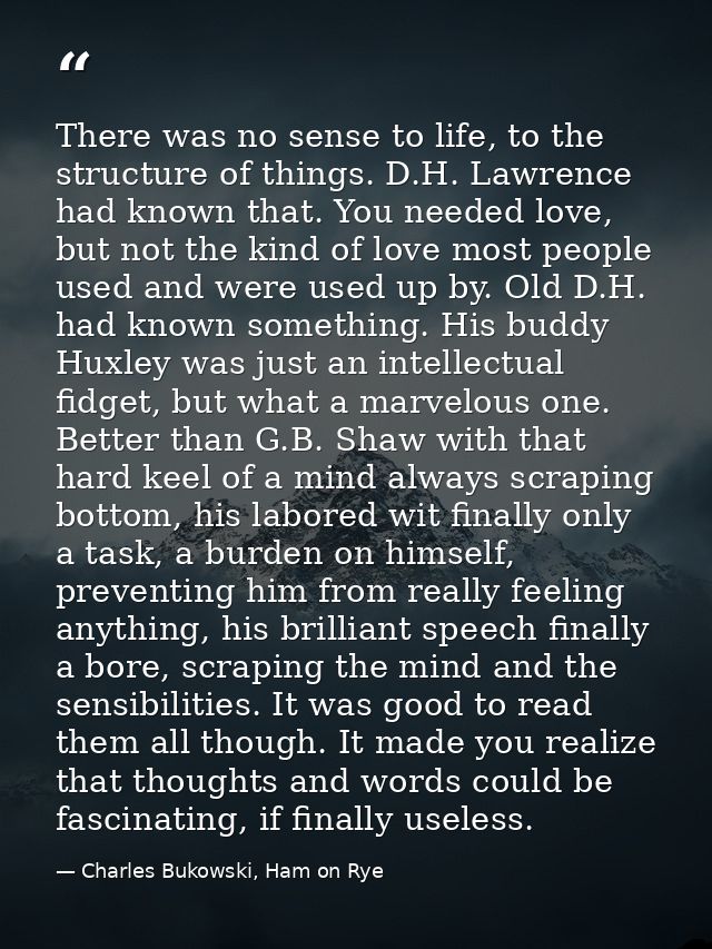 There was no sense to life, to the structure of things. D.H. Lawrence had known that. You needed love, but not the kind  — Charles Bukowski, Ham on Rye