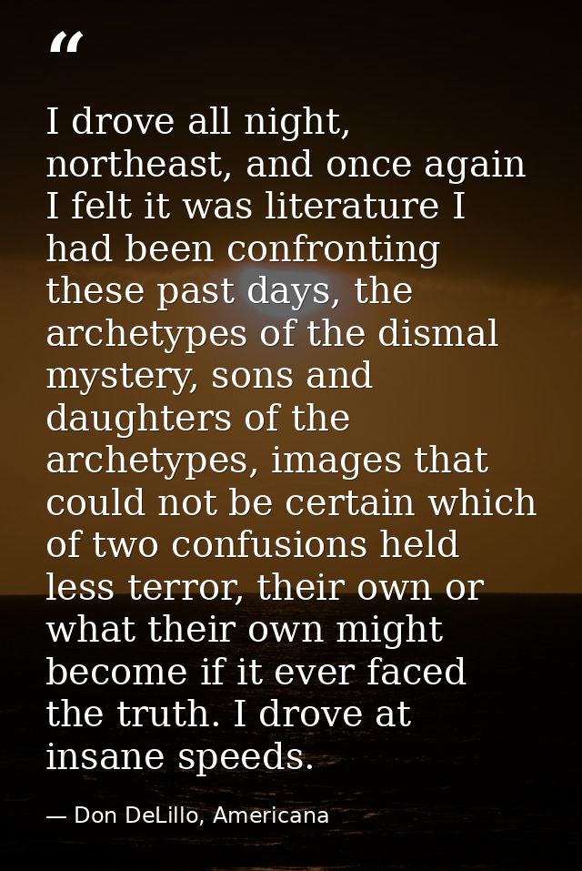 I drove all night, northeast, and once again I felt it was literature I had been confronting these past days, the archet — Don DeLillo, Americana