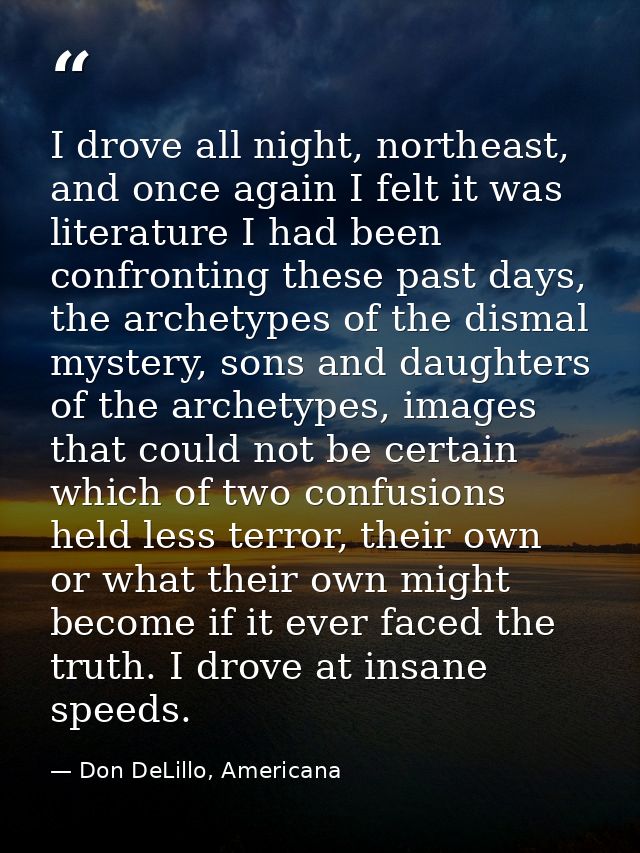 I drove all night, northeast, and once again I felt it was literature I had been confronting these past days, the archet — Don DeLillo, Americana