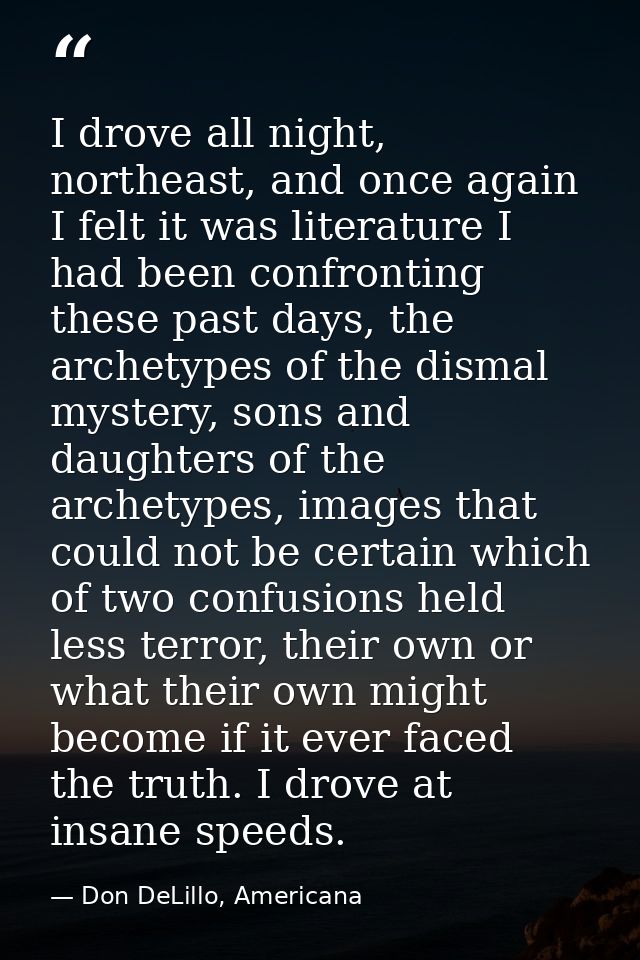 I drove all night, northeast, and once again I felt it was literature I had been confronting these past days, the archet — Don DeLillo, Americana