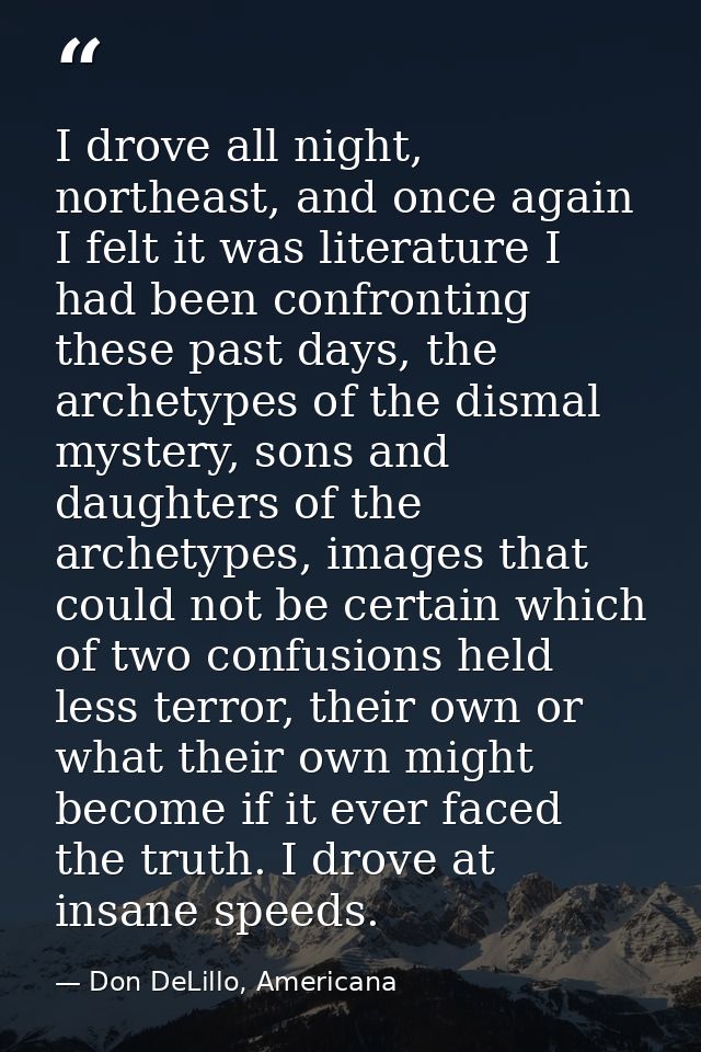 I drove all night, northeast, and once again I felt it was literature I had been confronting these past days, the archet — Don DeLillo, Americana