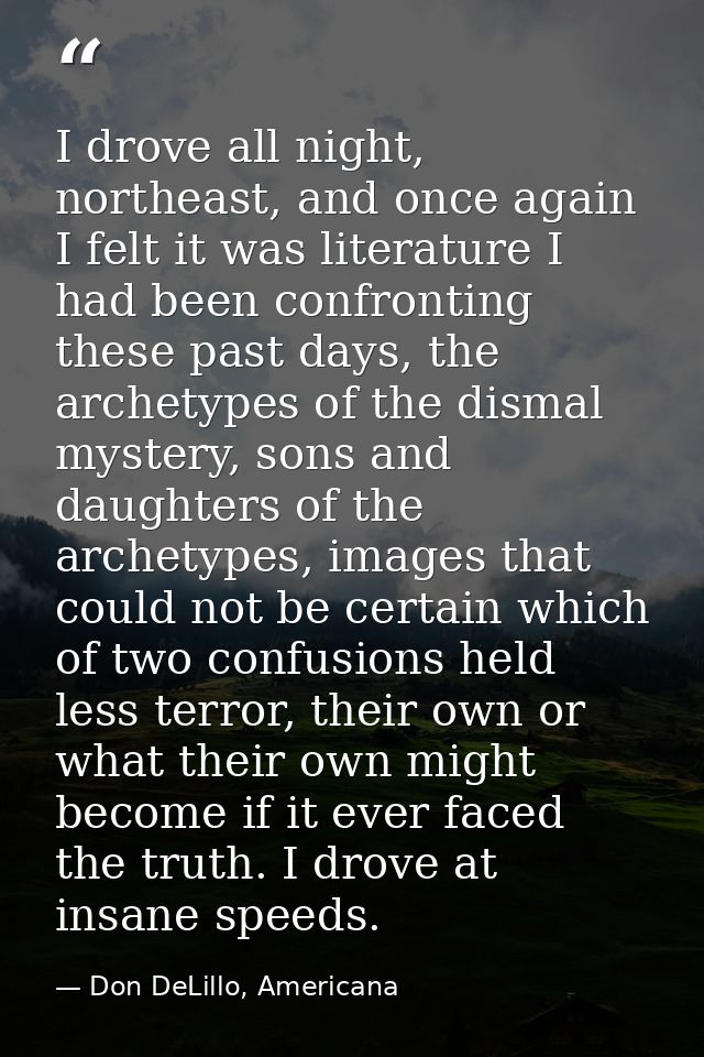 I drove all night, northeast, and once again I felt it was literature I had been confronting these past days, the archet — Don DeLillo, Americana