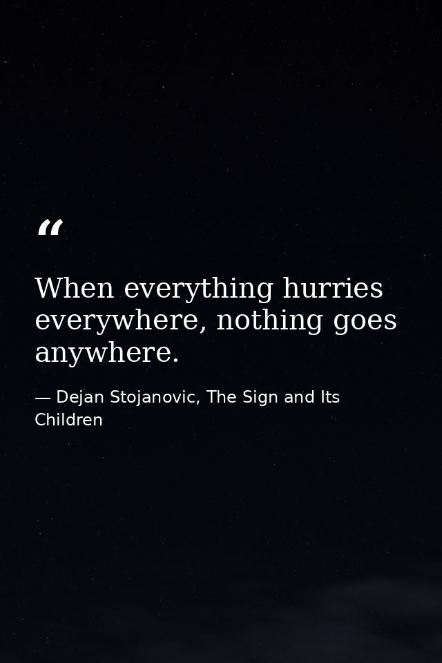 When everything hurries everywhere, nothing goes anywhere. — Dejan Stojanovic, The Sign and Its Children