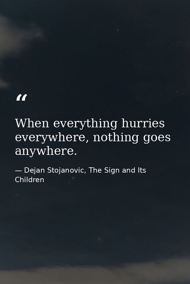 When everything hurries everywhere, nothing goes anywhere. — Dejan Stojanovic, The Sign and Its Children