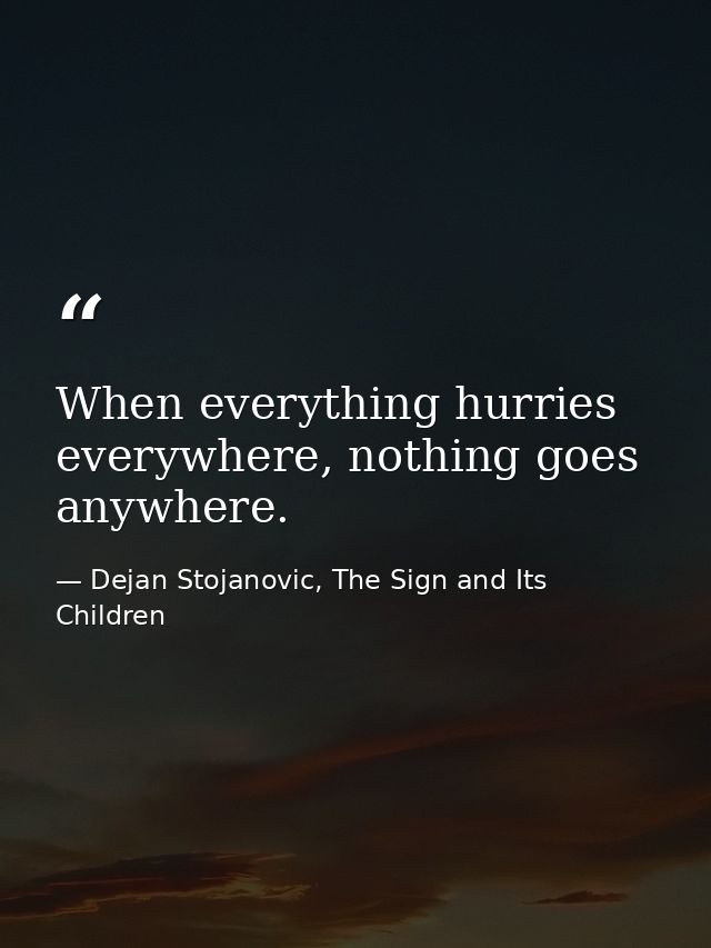 When everything hurries everywhere, nothing goes anywhere. — Dejan Stojanovic, The Sign and Its Children