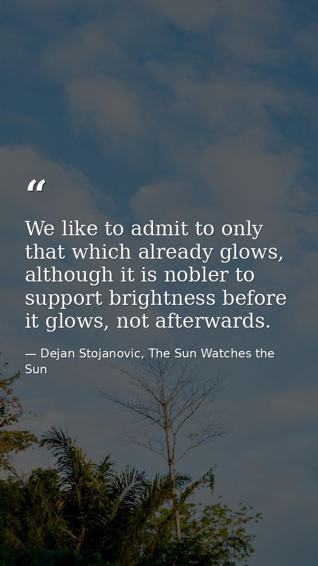 We like to admit to only that which already glows, although it is nobler to support brightness before it glows, not afte — Dejan Stojanovic, The Sun Watches the Sun